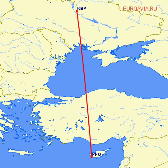 перелет Киев — Пафос на карте