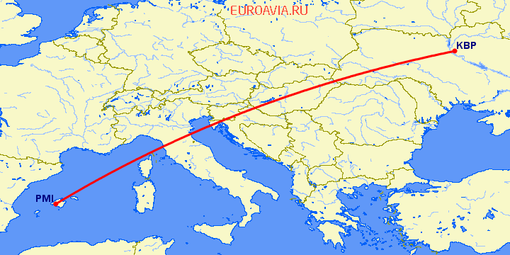 перелет Киев — Пальма де Майорка на карте