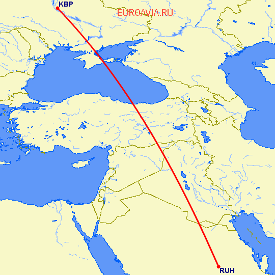 перелет Киев — Эр Рияд на карте