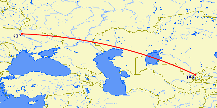 перелет Киев — Ташкент на карте