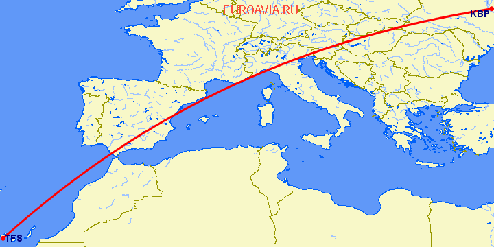 перелет Киев — Тенерифе на карте