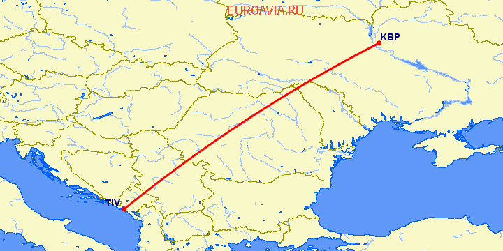перелет Киев — Тиват на карте
