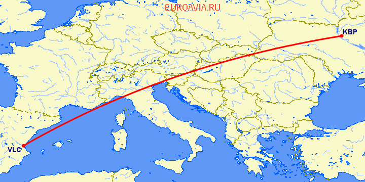 перелет Киев — Валенсия на карте
