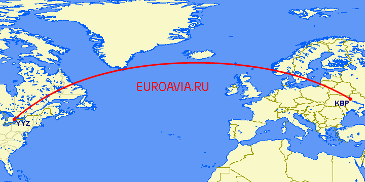 перелет Киев — Торонто на карте