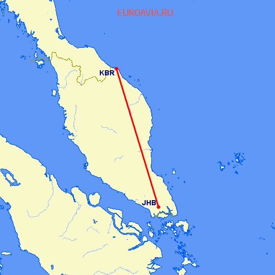перелет Кота Бару — Джохор Бару на карте