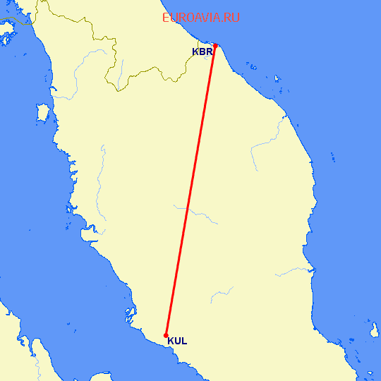 перелет Кота Бару — Куала Лумпур на карте