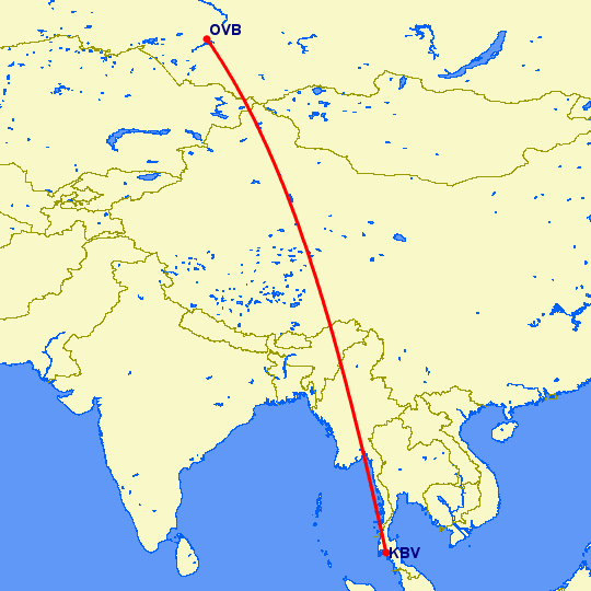 перелет Краби — Новосибирск на карте