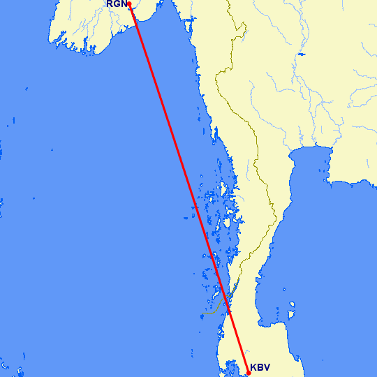 перелет Краби — Янгон на карте