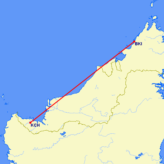 перелет Кучинг — Kota-Kinabalu на карте
