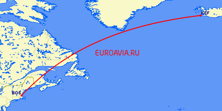 перелет Рейкьявик — Бостон на карте