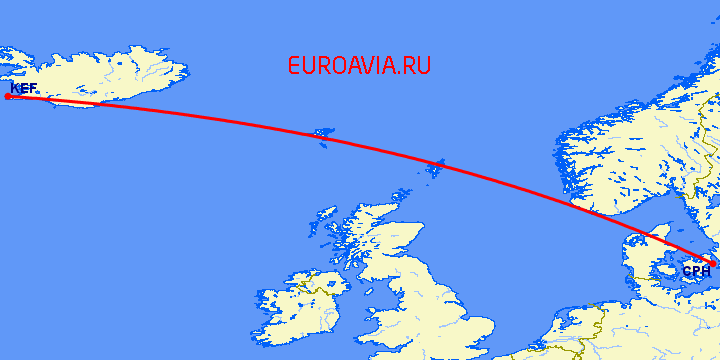 перелет Рейкьявик — Копенгаген на карте