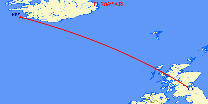 перелет Рейкьявик — Эдинбург на карте