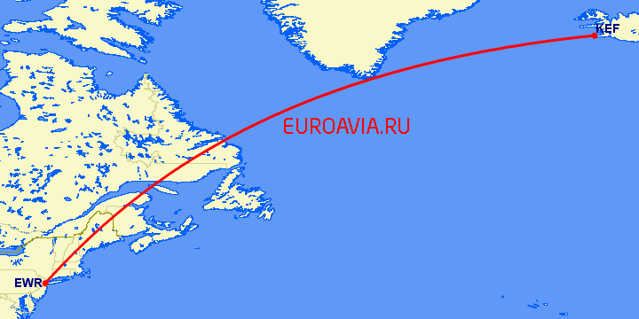 перелет Рейкьявик — Ньюарк на карте