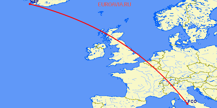 перелет Рейкьявик — Рим на карте