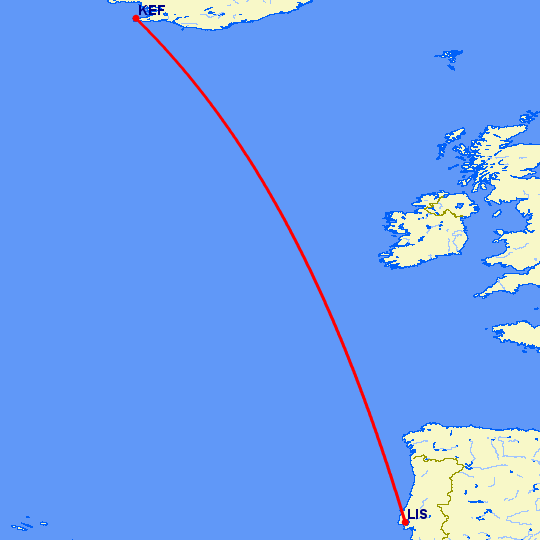 перелет Рейкьявик — Лиссабон на карте