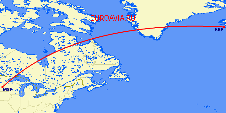 перелет Рейкьявик — Миннеаполис на карте
