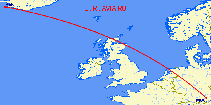 перелет Рейкьявик — Мюнхен на карте