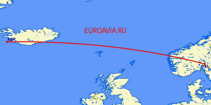 перелет Рейкьявик — Осло на карте