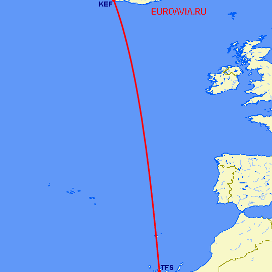 перелет Рейкьявик — Тенерифе на карте