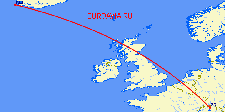 перелет Рейкьявик — Цюрих на карте
