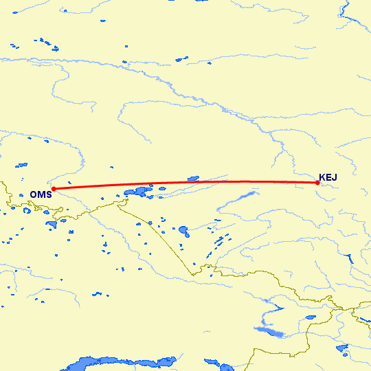 перелет Кемерово — Омск на карте