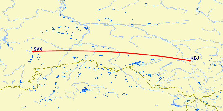 перелет Кемерово — Екатеринбург на карте