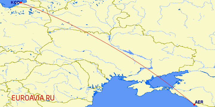 перелет Калининград — Сочи на карте