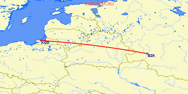 перелет Калининград — Брянск на карте