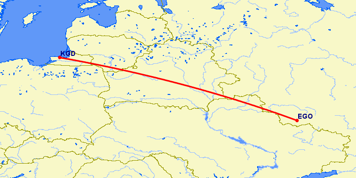 перелет Калининград — Белгород на карте