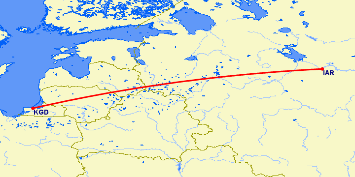 перелет Калининград — Ярославль на карте