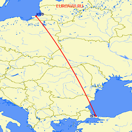 перелет Калининград — Стамбул на карте