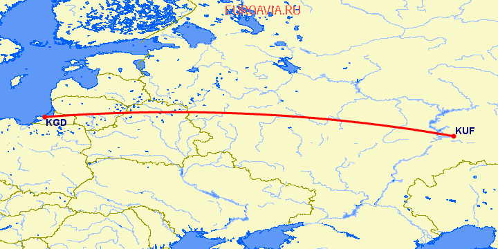 перелет Калининград — Самара на карте