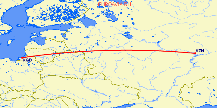 перелет Калининград — Казань на карте