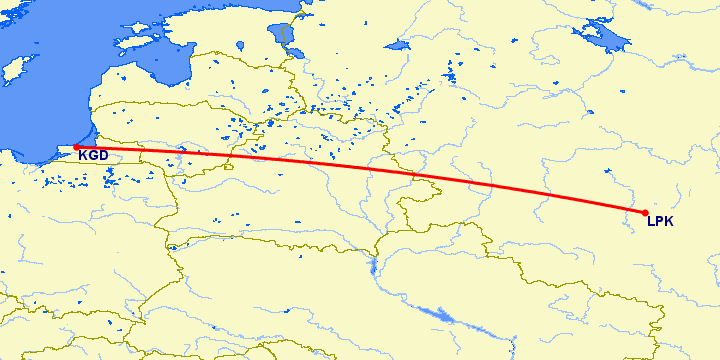 перелет Калининград — Липецк на карте