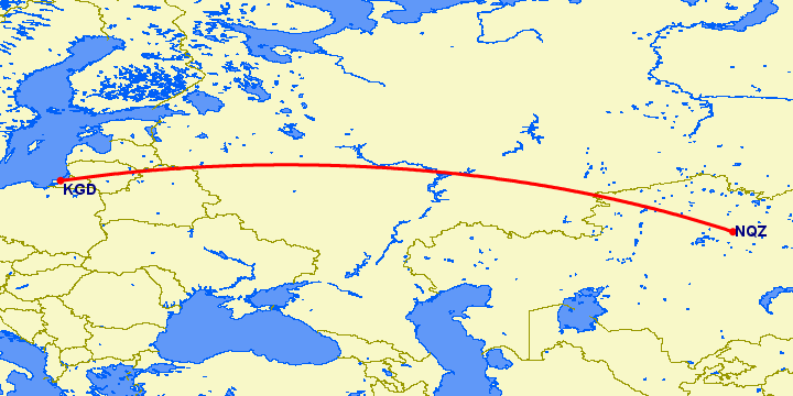 перелет Калининград — Нур-Султан на карте
