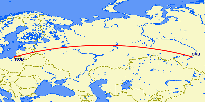 перелет Калининград — Новосибирск на карте