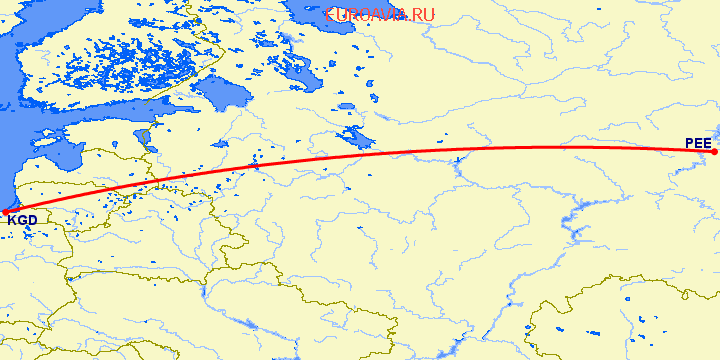перелет Калининград — Пермь на карте