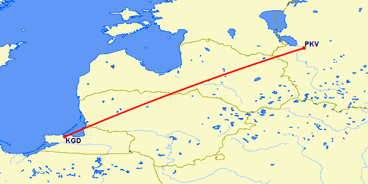 перелет Калининград — Псков на карте