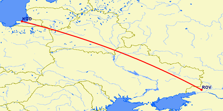 перелет Калининград — Ростов на карте