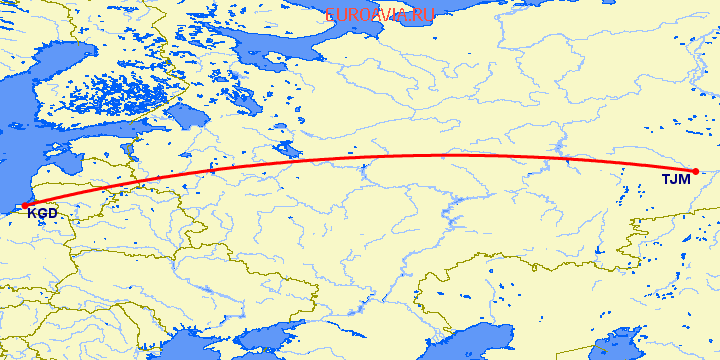 перелет Калининград — Тюмень на карте
