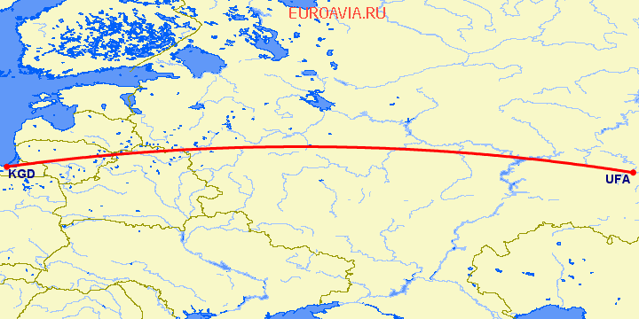 перелет Калининград — Уфа на карте