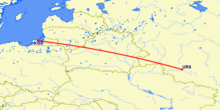 перелет Калининград — Курск на карте