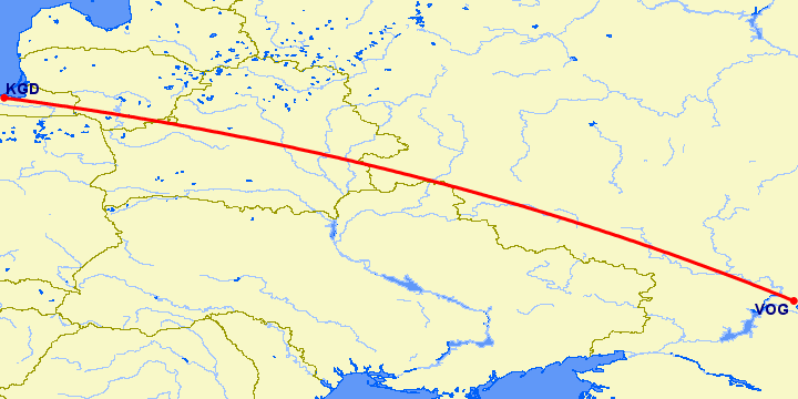 перелет Калининград — Волгоград на карте