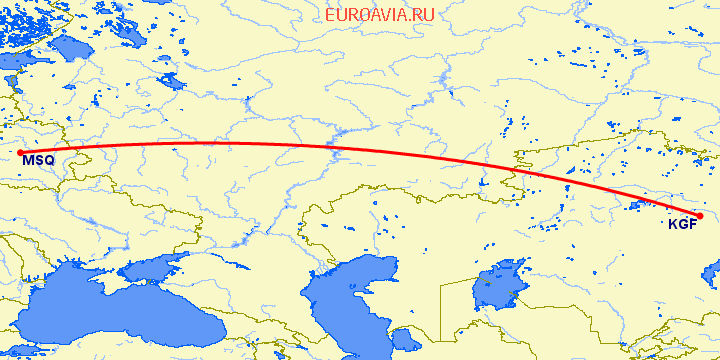 перелет Караганда — Минск на карте