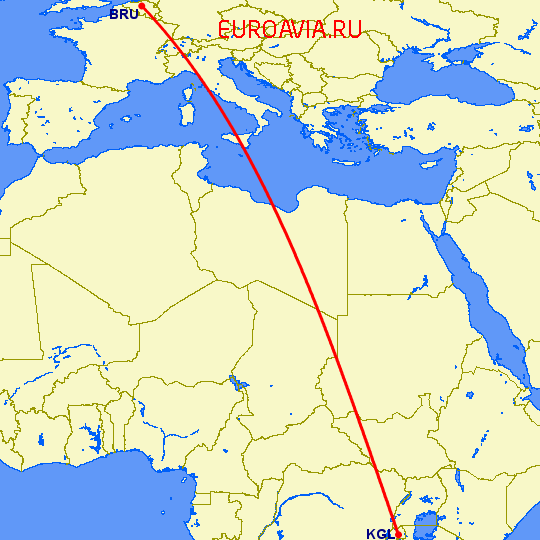 перелет Кигали — Брюссель на карте
