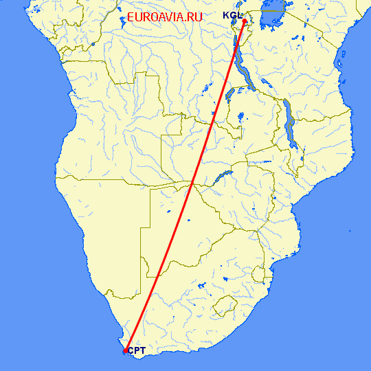 перелет Кигали — Кейптаун на карте