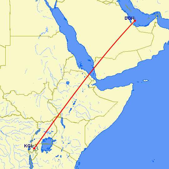 перелет Кигали — Доха на карте