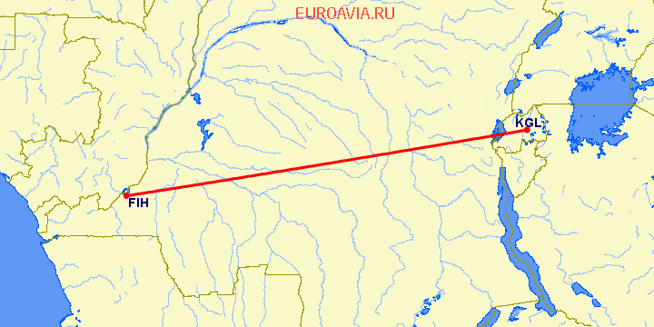 перелет Кигали — Киншаса на карте