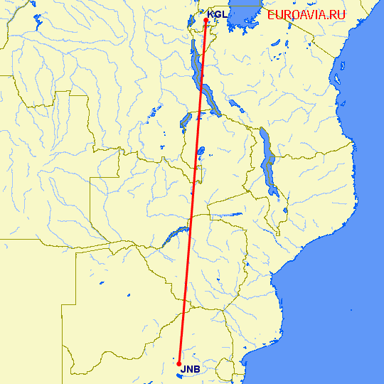 перелет Кигали — Йоханнесбург на карте