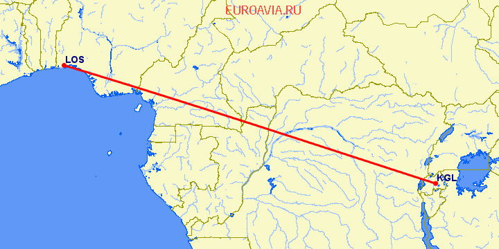перелет Кигали — Лагос на карте